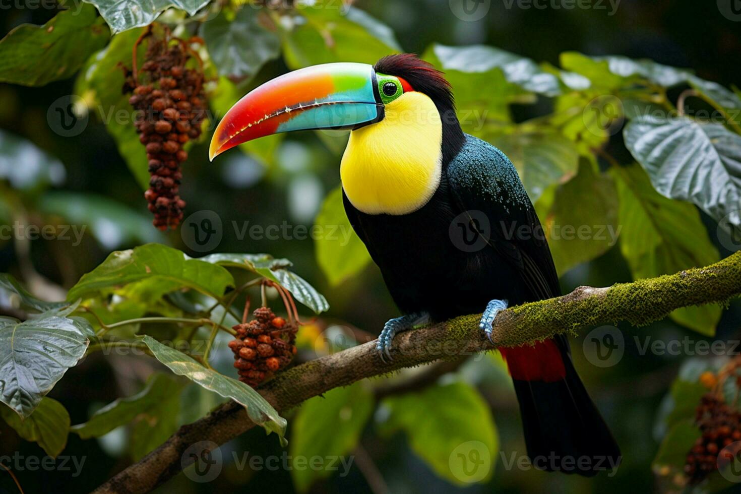 ai genererad köl faktureras toucan uppflugen på en skog gren i panamas frodig grönska ai genererad foto