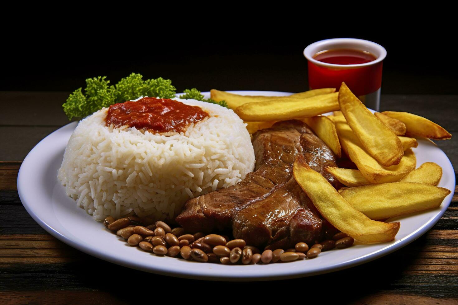 ai genererad ris, bönor, franska pommes frites, och kött. generativ ai foto