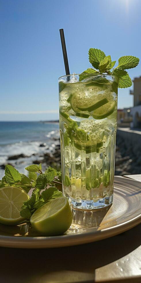 ai genererad fantastisk Foto av cocktail mojito, en solig sommar strand i de bakgrund. generativ ai