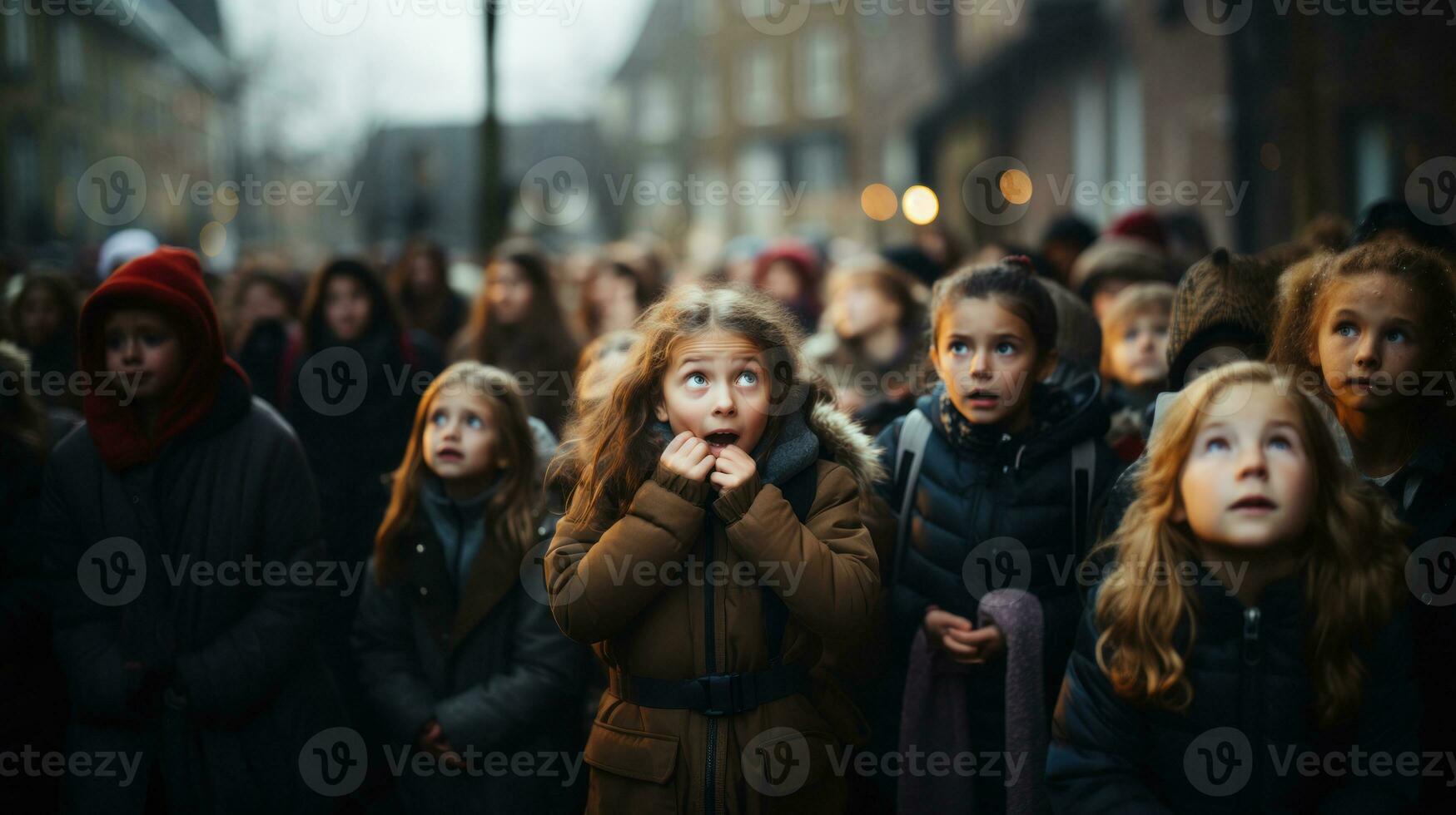 ai genererad folkmassan av barn i gata rädd i chock med en överraskning ansikte, rädd och upphetsad med rädsla uttryck. foto