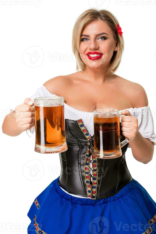 skön ung blond flicka av oktoberfest öl ölkrus foto