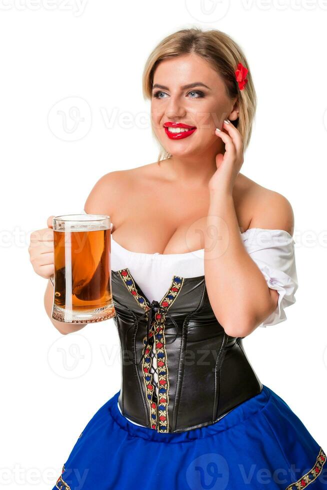 skön ung blond flicka av oktoberfest öl ölkrus foto