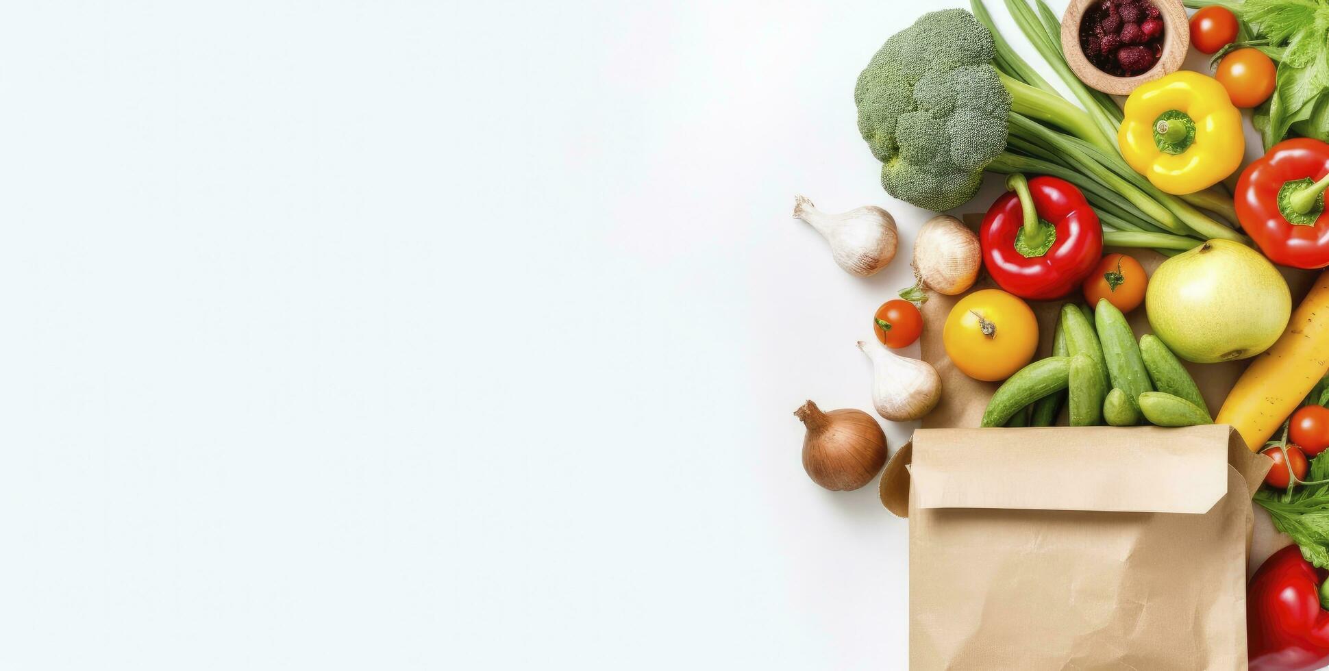 ai genererad friska mat i papper väska grönsaker och frukt på vit bakgrund. ai genererad foto