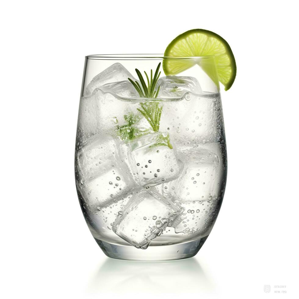 ai genererad gin tonic glas av vatten med is isolerat på vit bakgrund. ai genererad foto