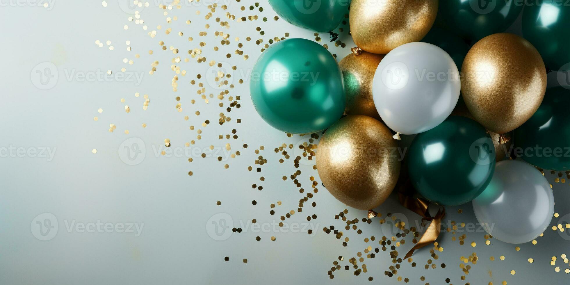 ai genererad födelsedag fest baner grön och guld sammansättning med ballonger, konfetti, begrepp present kort, kopia Plats, vit bakgrund foto