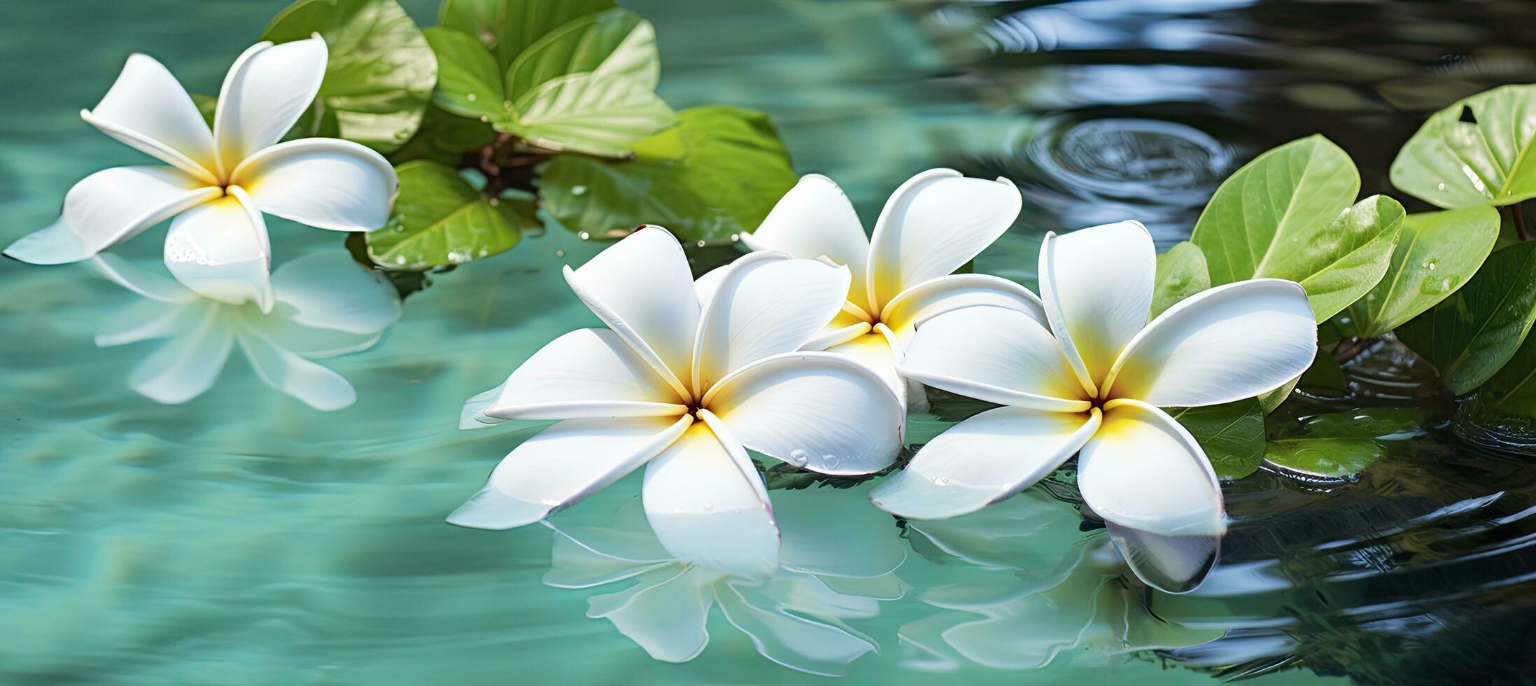 ai genererad plumeria blommor på grön blad flytande på vatten. en fredlig och lugn scen med en Rör av natur och skönhet. ai genererad foto