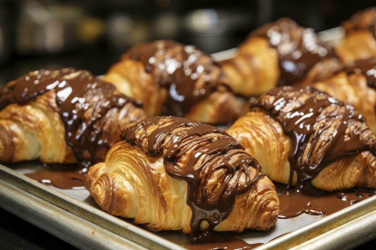 ai genererad choklad croissanter i bageri. ai genererad. foto