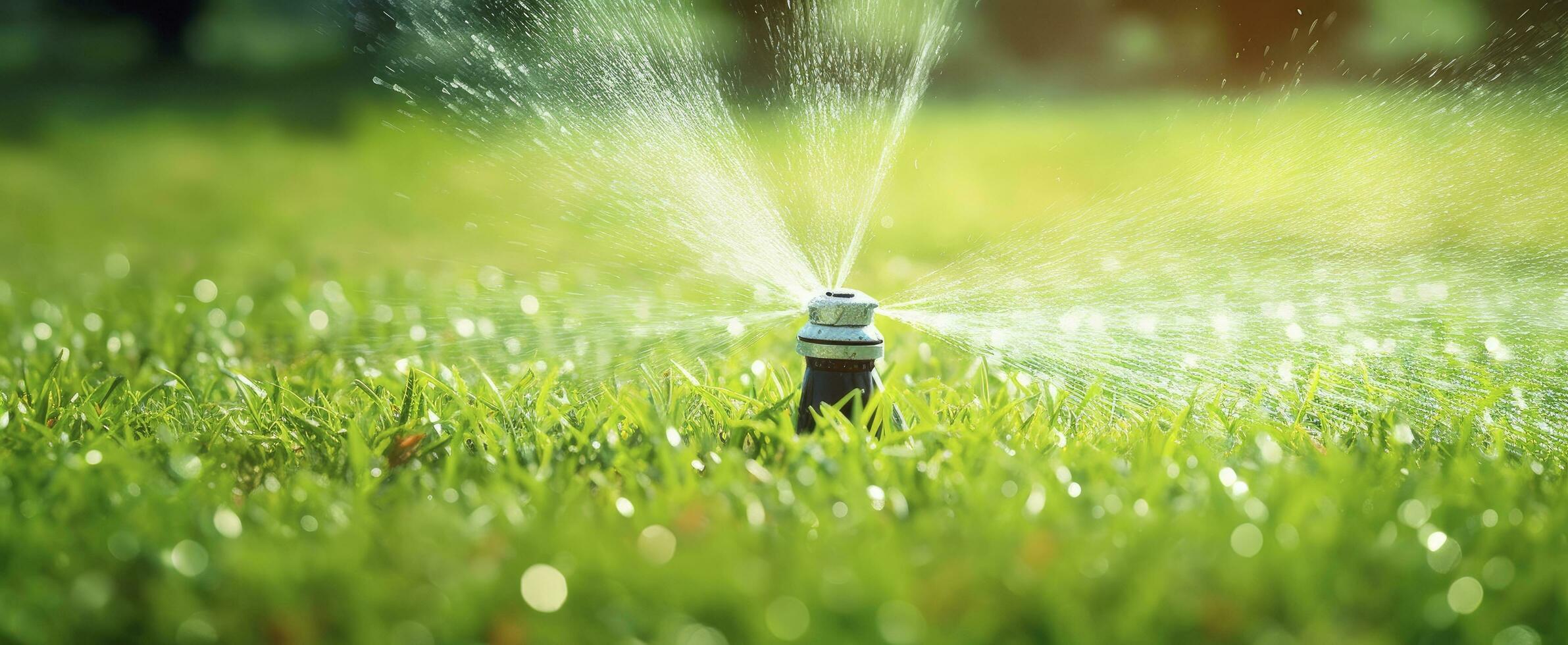 ai genererad automatisk trädgård gräsmatta sprinkler i verkan vattning gräs. ai genererad foto