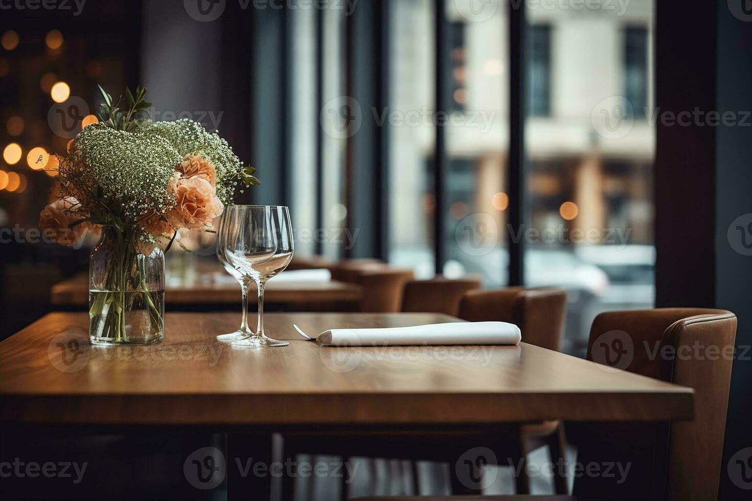 ai genererad elegant minimalistisk tabell miljö i exklusiva restaurang med mjuk bokeh bakgrund foto