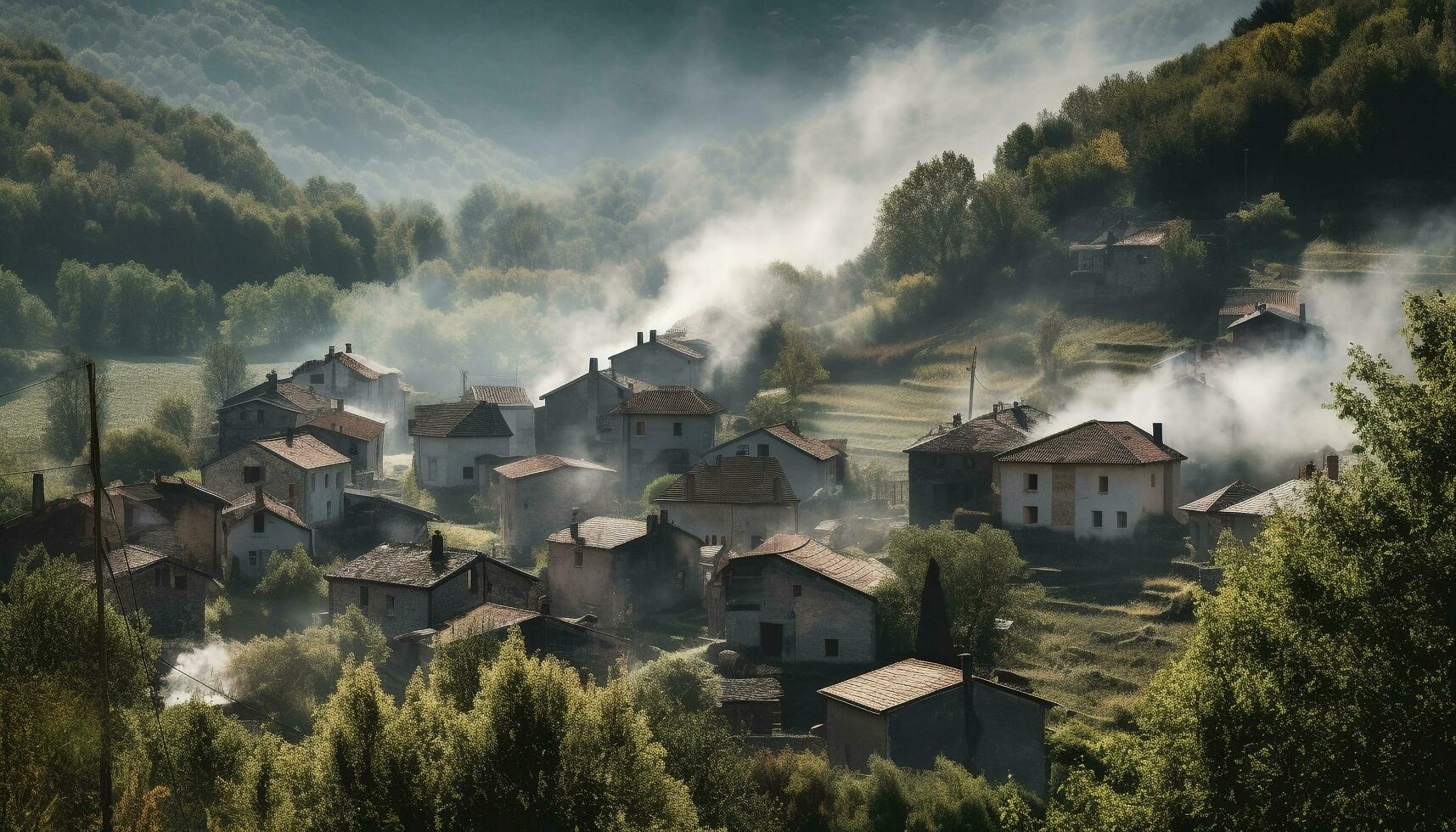 ai genererad berg landskap med dimma, gammal bruka hydda, och höst äng genererad förbi ai foto