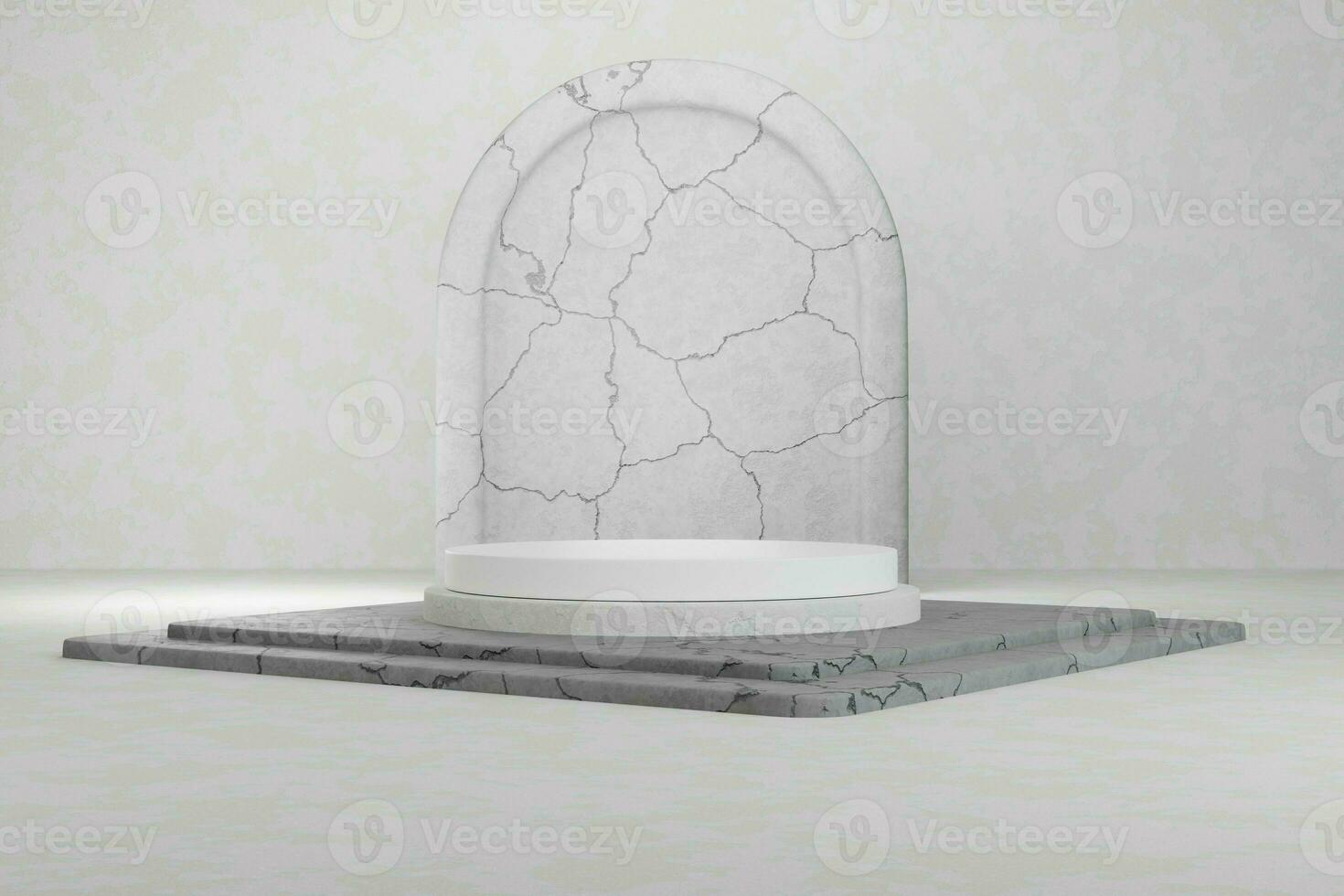 3d tolkning modern attrapp steg sten podium visa vit podium i en rum betong golv bakgrund foto