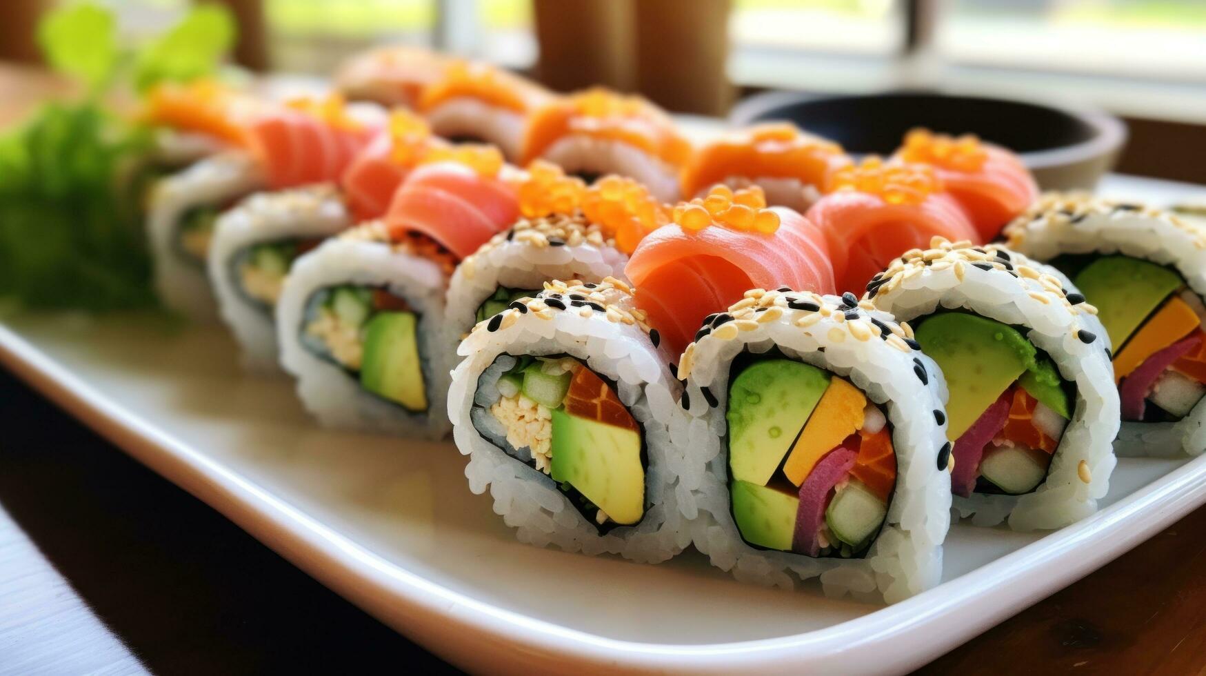 ai genererad en bricka av färgrik sushi rullar, terar Ingredienser tycka om avokado foto
