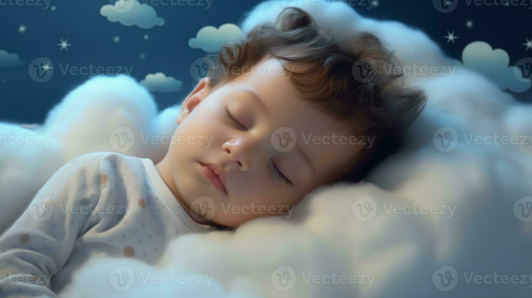 ai genererad en bebis sovande i en moln med stjärnor foto