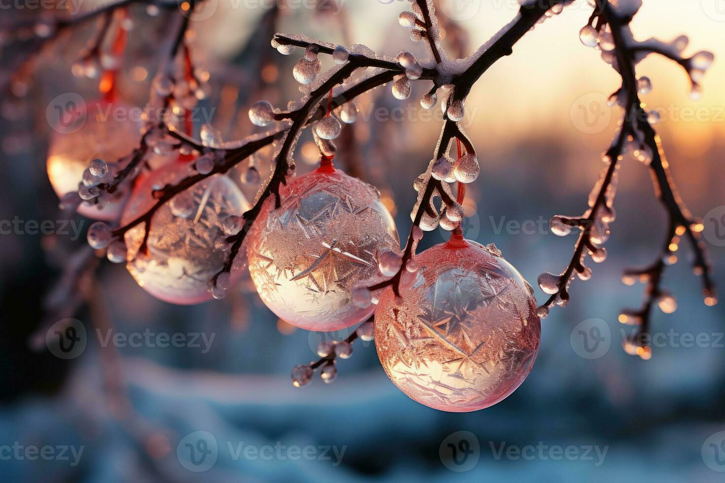 ai genererad delikat ornament reflekterande morgon- Sol på gren, jul tapet foto