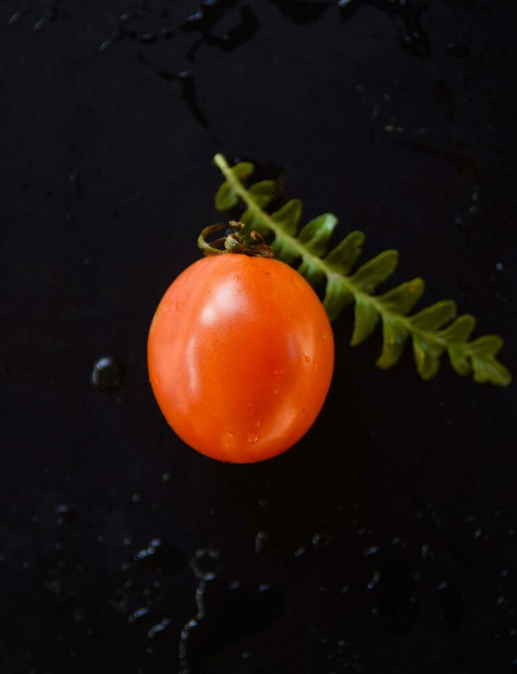tomatoe och blad på svart bakgrund foto