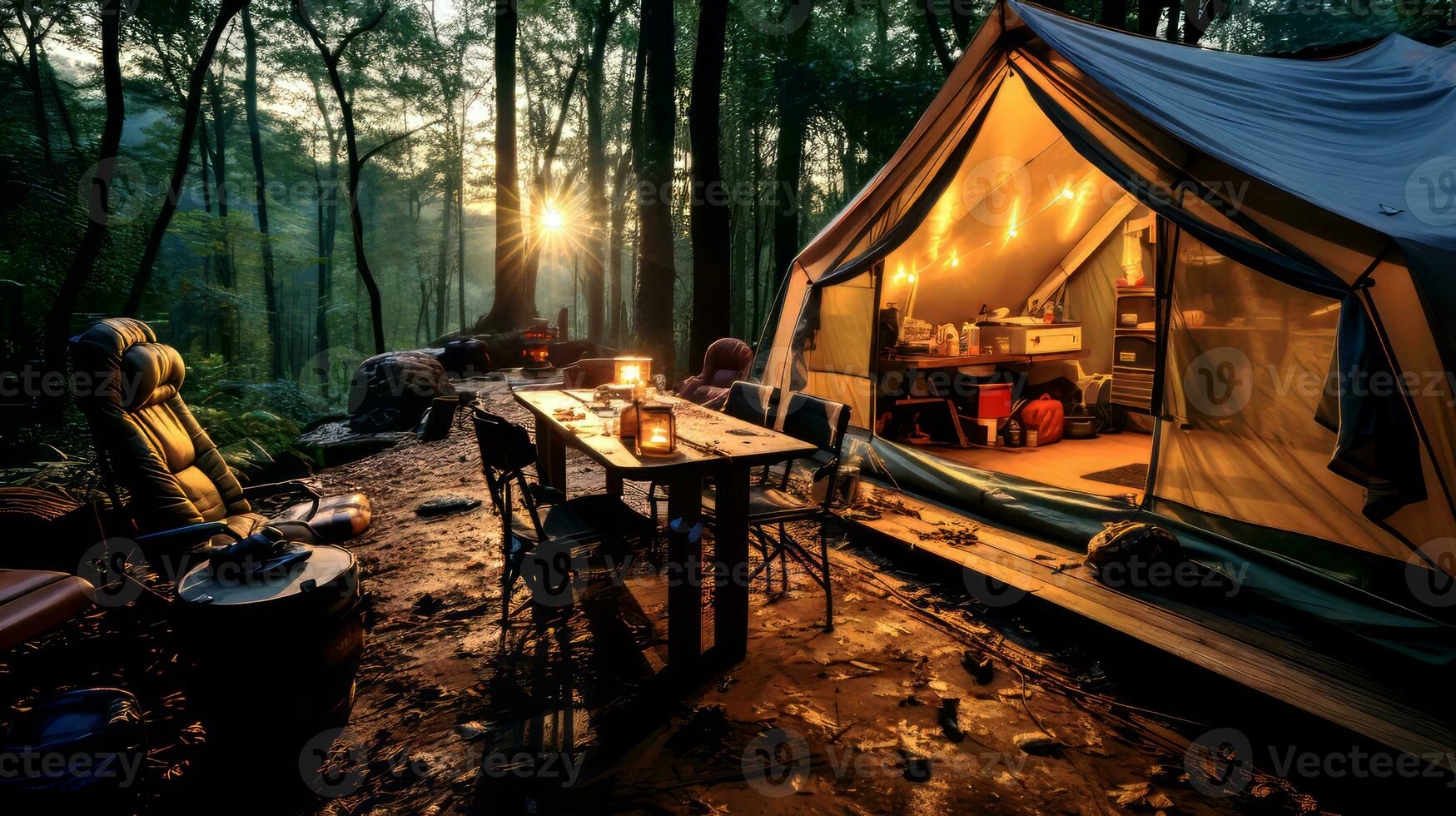 ai genererad camping tält i en skog på natt. äventyr och resa begrepp. foto