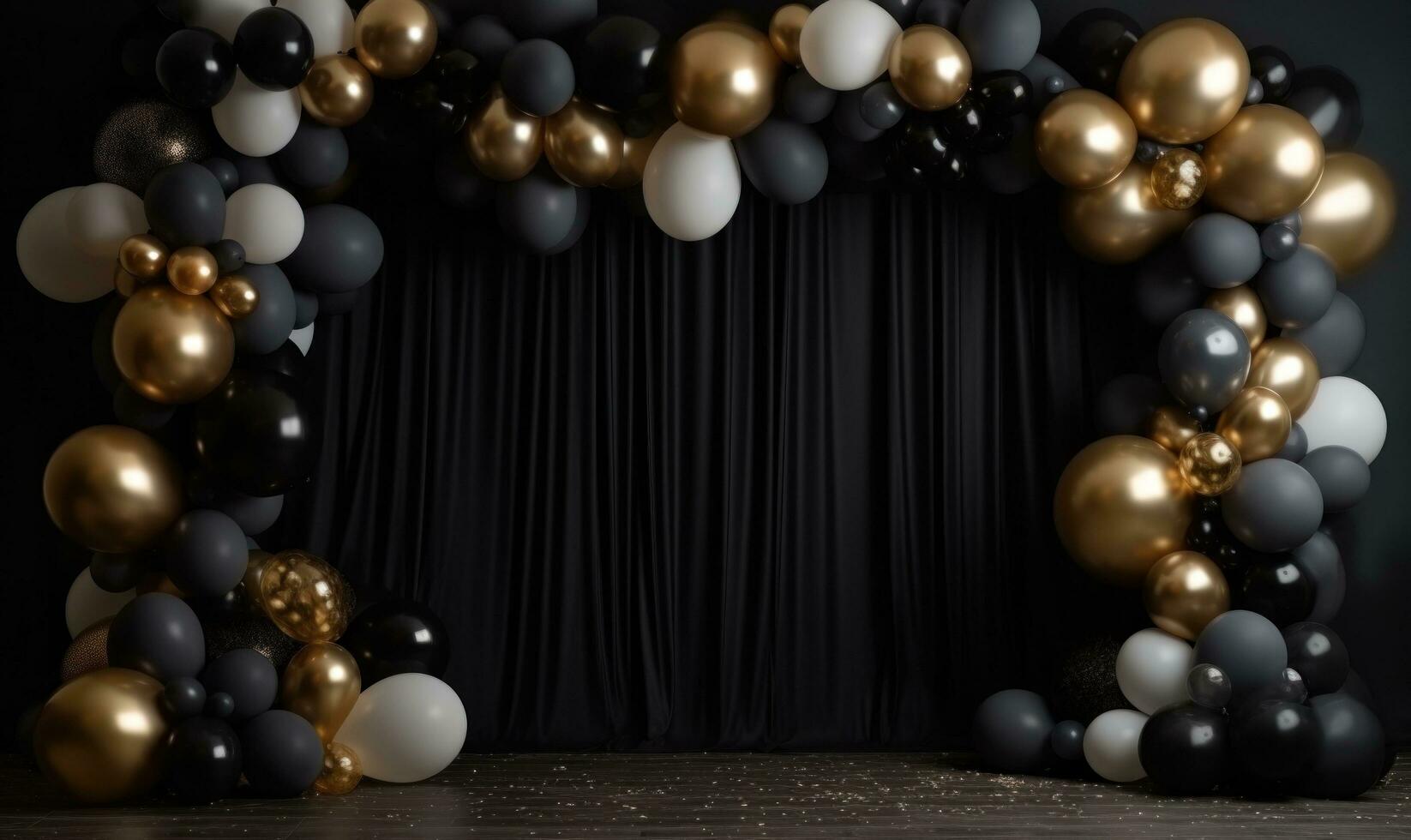 ai genererad elegant svart och guld ballong bakgrund för bröllop dag foto