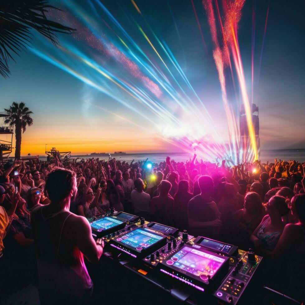 ai genererad en dj bås på de strand med en folkmassan av människor dans och har roligt i de bakgrund foto