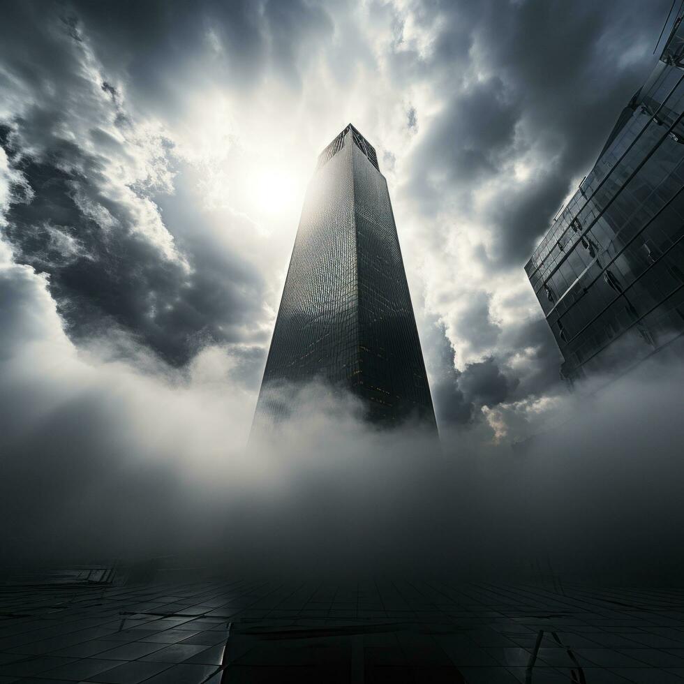 ai genererad skyskrapa genomträngande genom en filt av moln, de kraft och ambition av modern arkitektur foto
