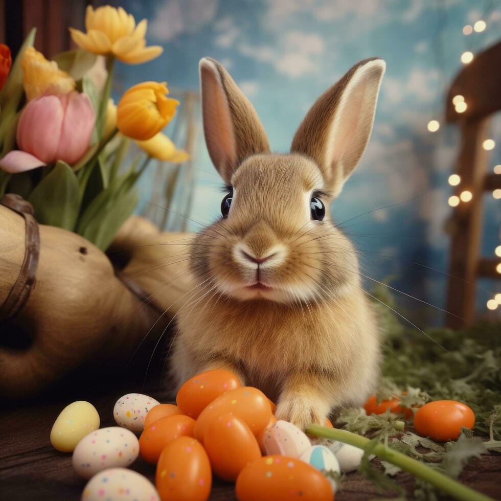 ai genererad en nyckfull Foto av en kanin gumlar på en morot, med påsk ägg och vår blommor