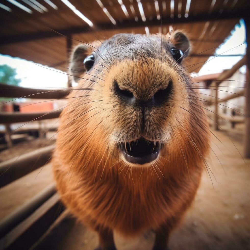 ai genererad en capybara i en Zoo, där stor främre tänder och simhud fötter foto