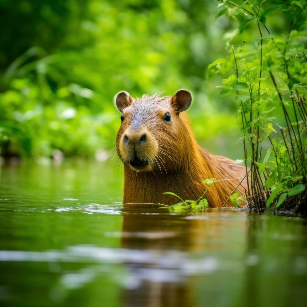 ai genererad en fantastisk bild fångande en capybara i dess naturlig livsmiljö foto