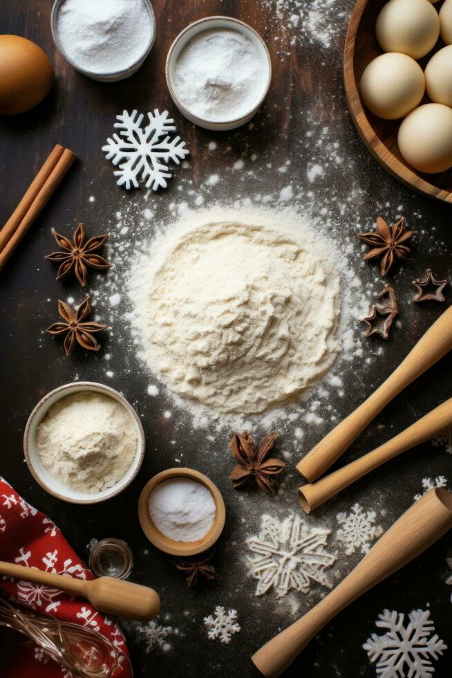 ai genererad bakning förnödenheter, mjöl, socker, kaka skärare, och en rullande stift, för de jul bakning anda. foto