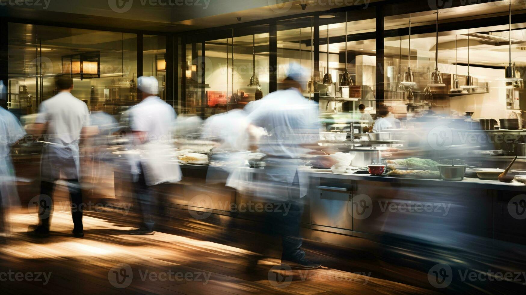 ai genererad generativ ai, upptagen kockar arbetssätt på de restaurang kök i rörelse fläck, hastighet Foto