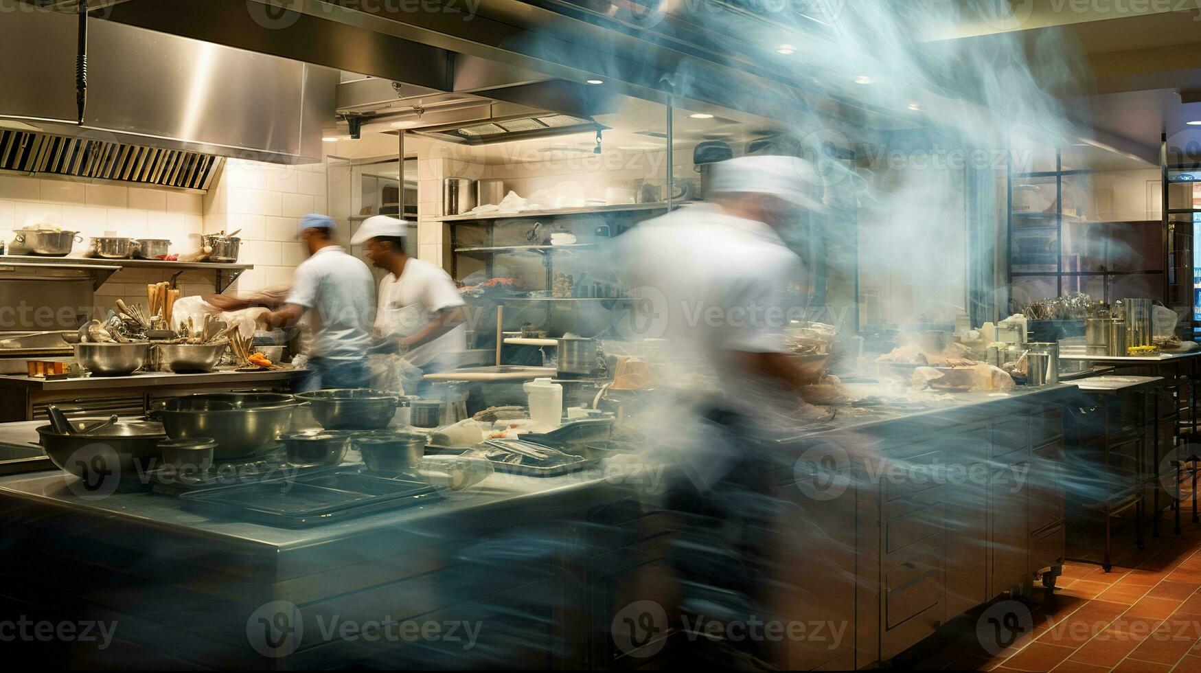 ai genererad generativ ai, upptagen kockar arbetssätt på de restaurang kök i rörelse fläck, hastighet Foto