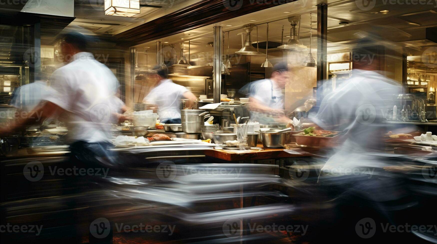 ai genererad generativ ai, upptagen kockar arbetssätt på de restaurang kök i rörelse fläck, hastighet Foto