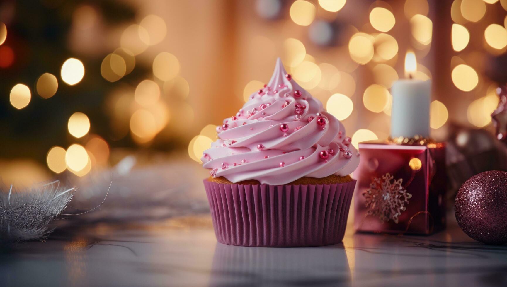 ai genererad rosa jul muffin Nästa till ett elektronisk brand plats som jul lampor, foto