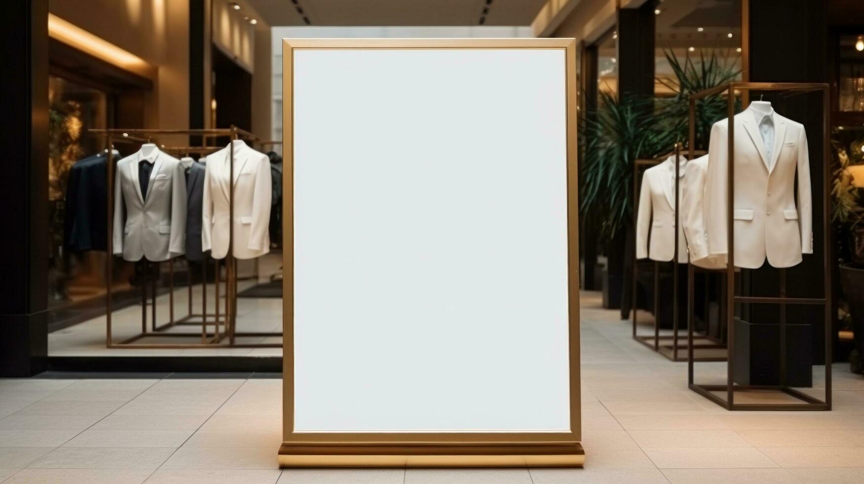 ai genererad affisch bild med tom främre ealistiska på en attrapp mall i en tegel vägg i en lyx modern Kläder affär, foto