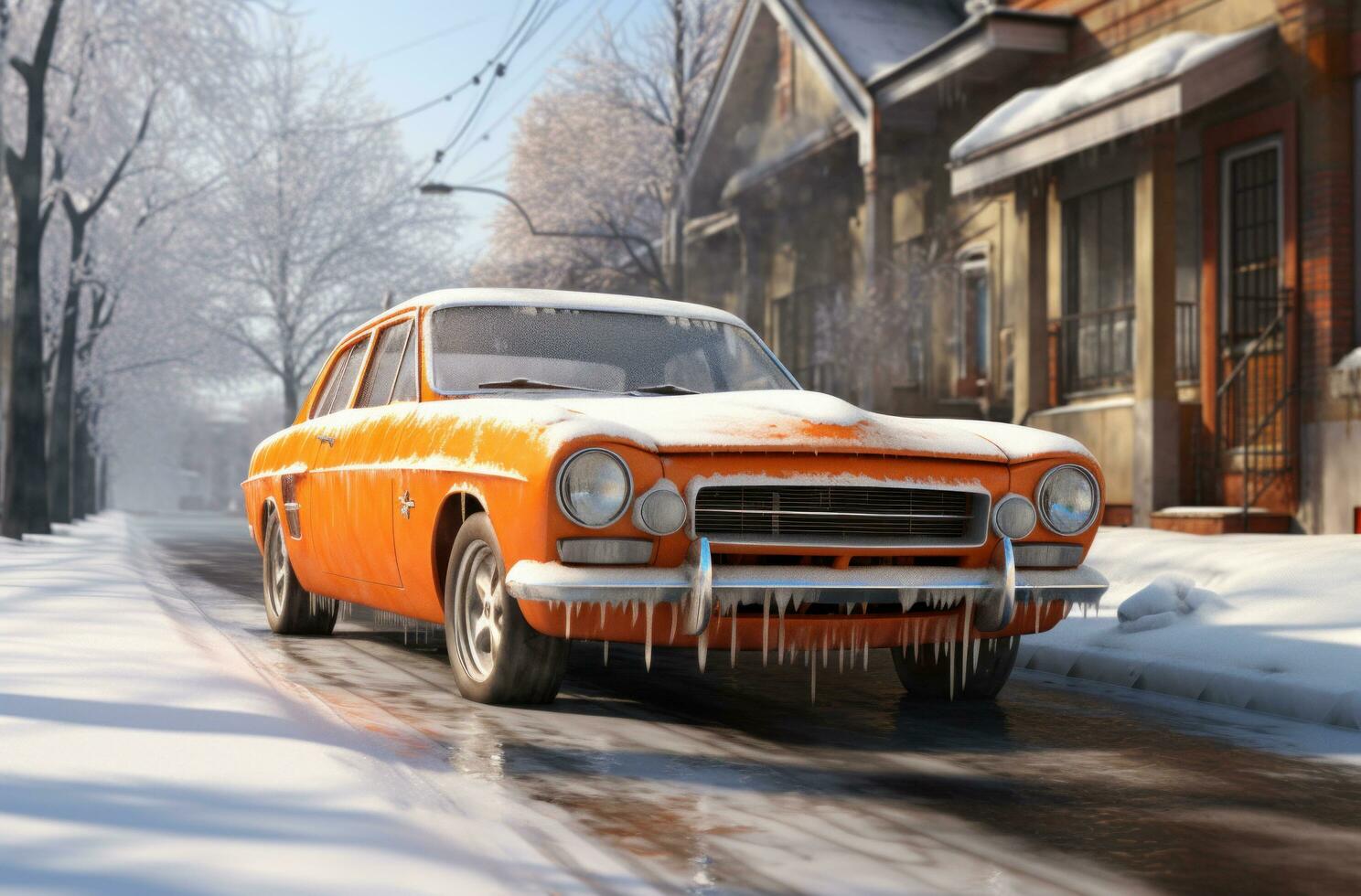 ai genererad ett orange bil på en snö täckt gata, foto