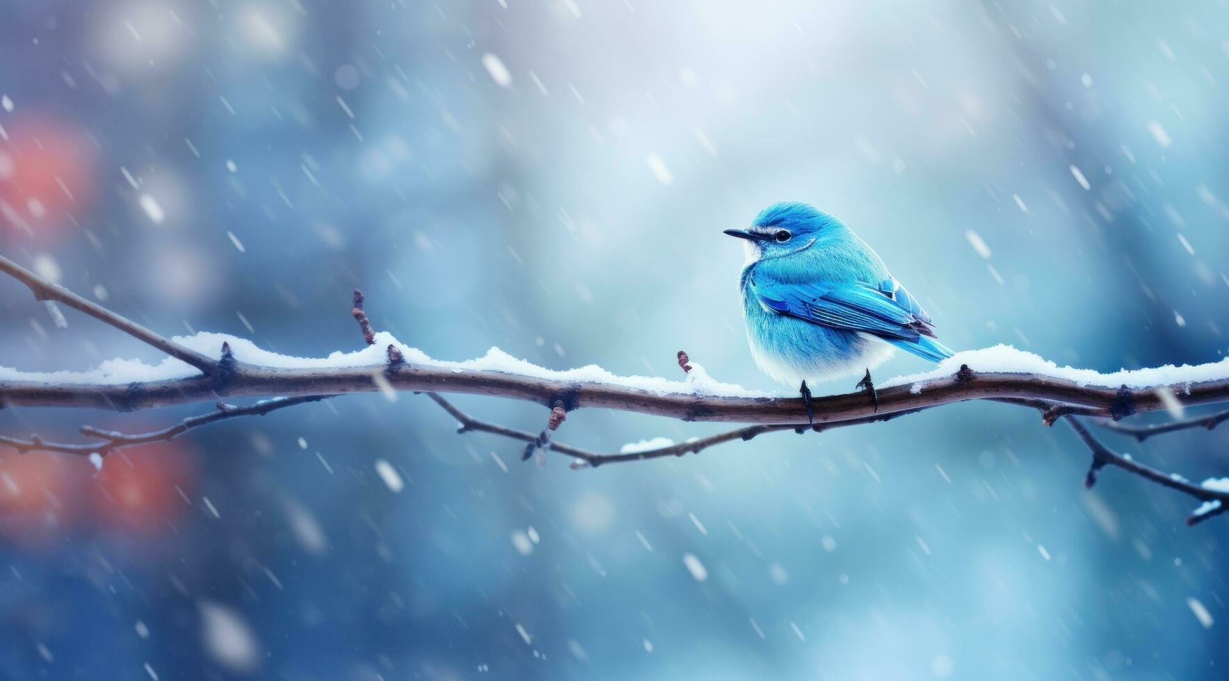 ai genererad en små blå fågel stående på de gren i en snöig snöig scen, foto