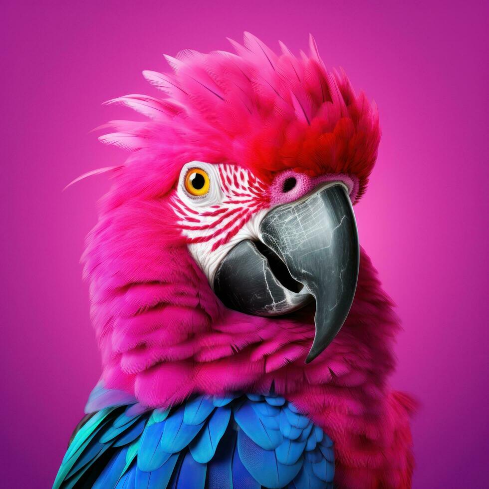 ai genererad en papegoja med blå och rosa fjädrar på färgrik rosa bakgrund, foto