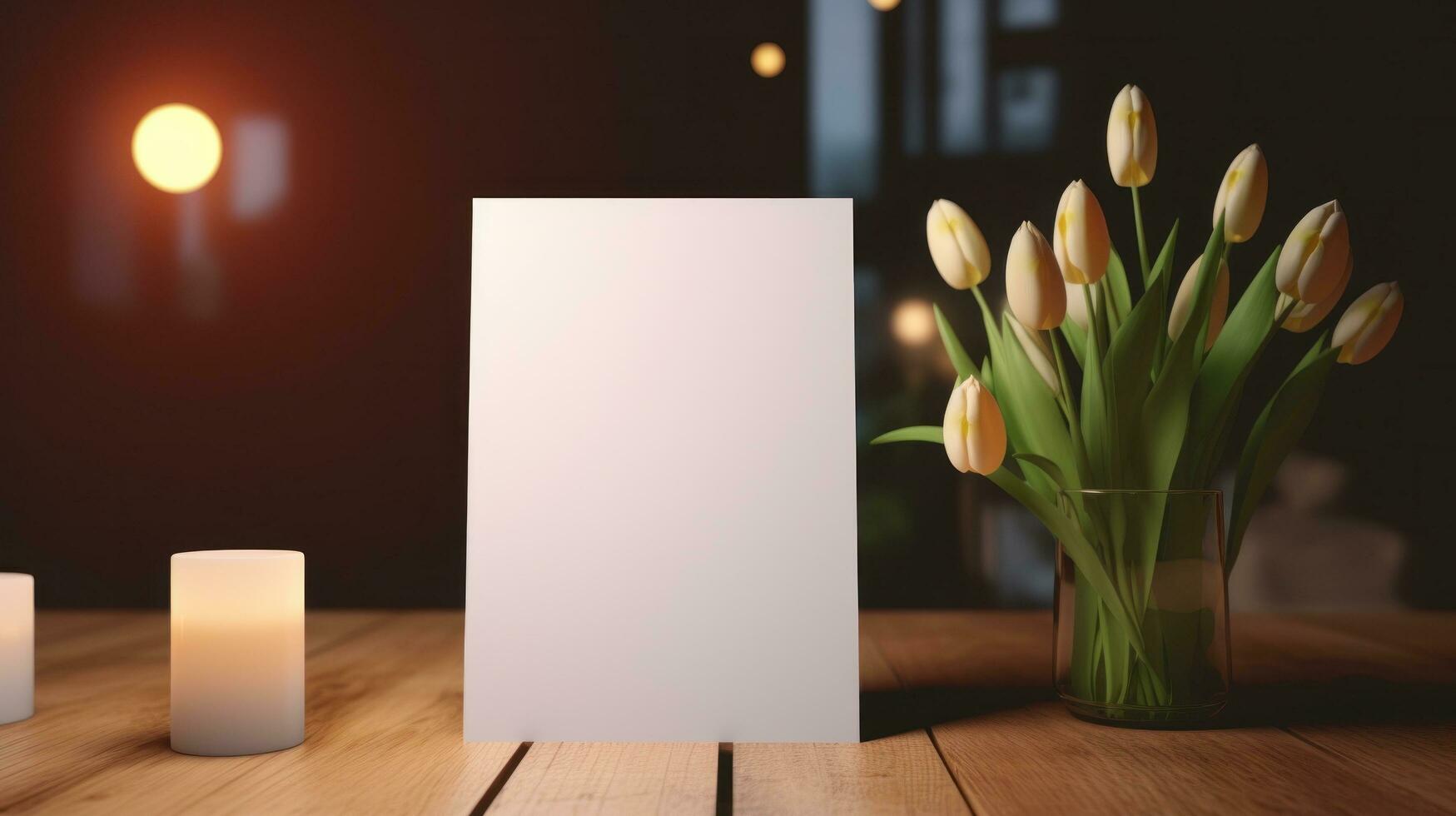 ai genererad vit hälsning kort med tom främre, realistisk på en attrapp mall i en trä- tabell i en påsk lyx bakgrund i Hem inuti foto