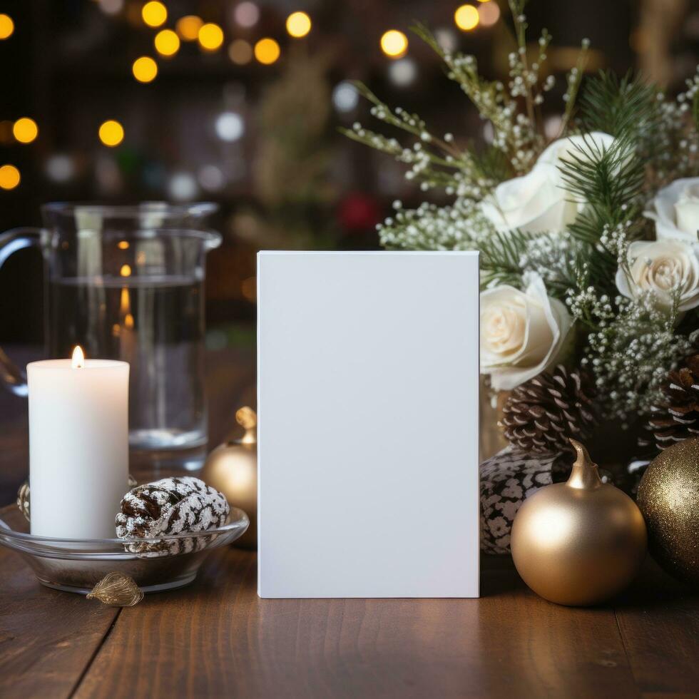 ai genererad vit hälsning kort med tom främre, realistisk på en attrapp mall i en trä- tabell i en jul lyx bakgrund i Hem inuti, foto
