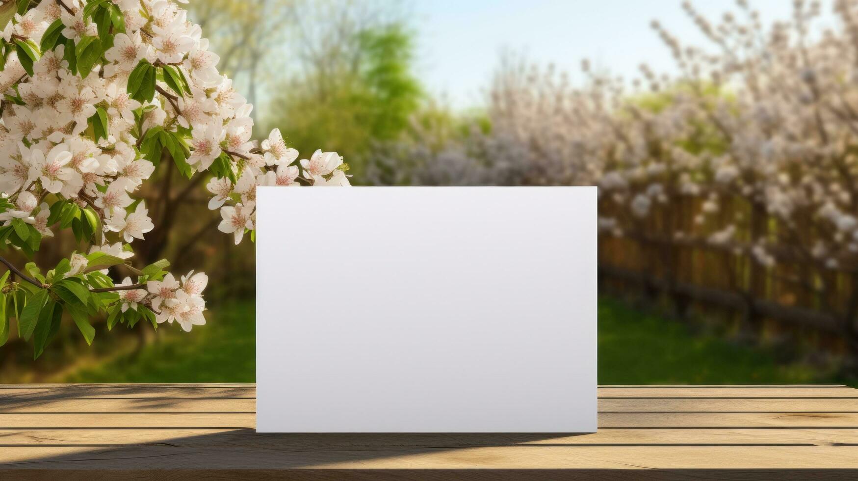 ai genererad vit hälsning kort med tom främre, realistisk på en attrapp mall i en trä- tabell i en påsk lyx bakgrund i Hem inuti, foto
