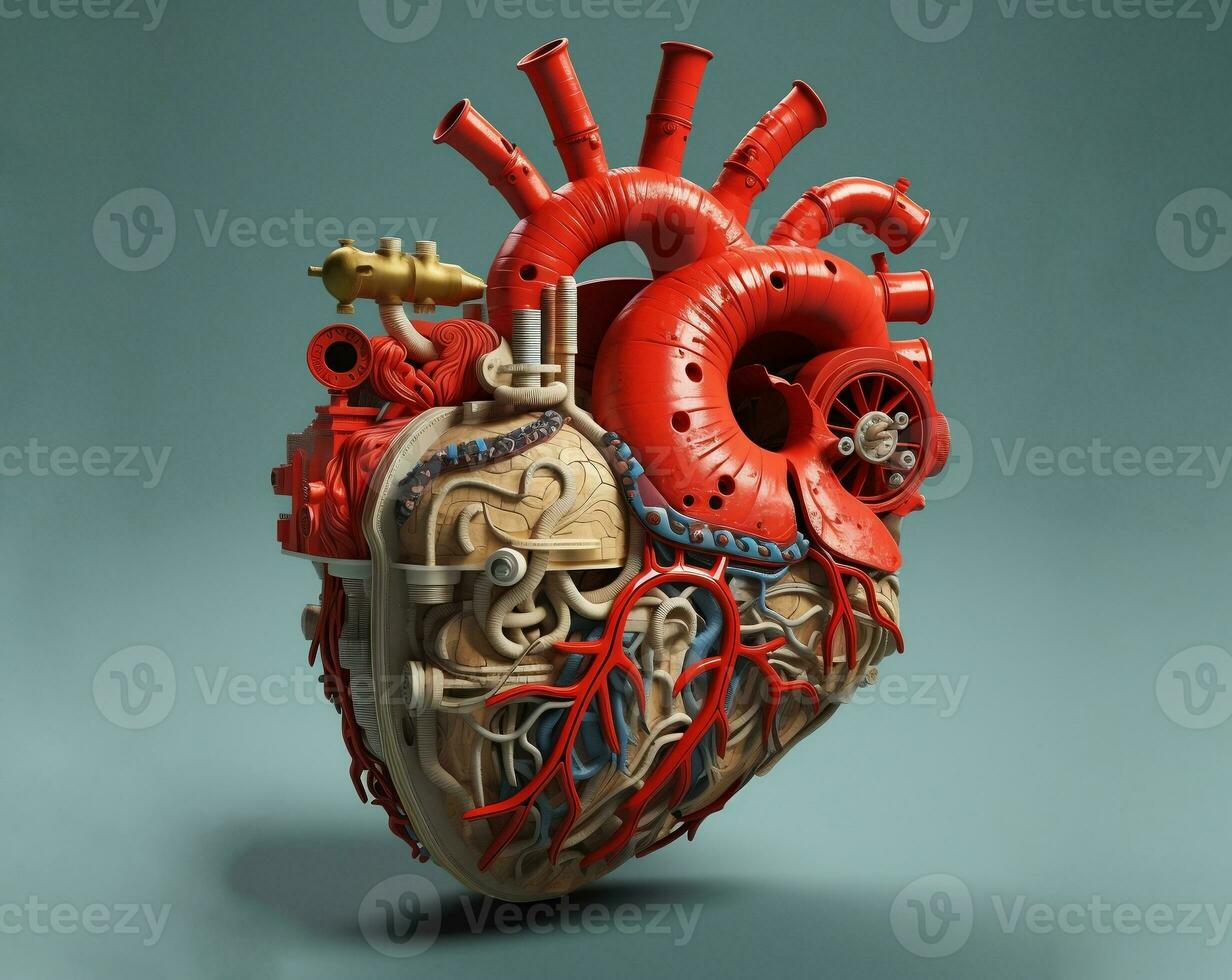 ai genererad mekaniserad anatomisk mänsklig hjärta tillverkad med kugghjul och mekaniker delar. metaforisk begrepp illustration foto