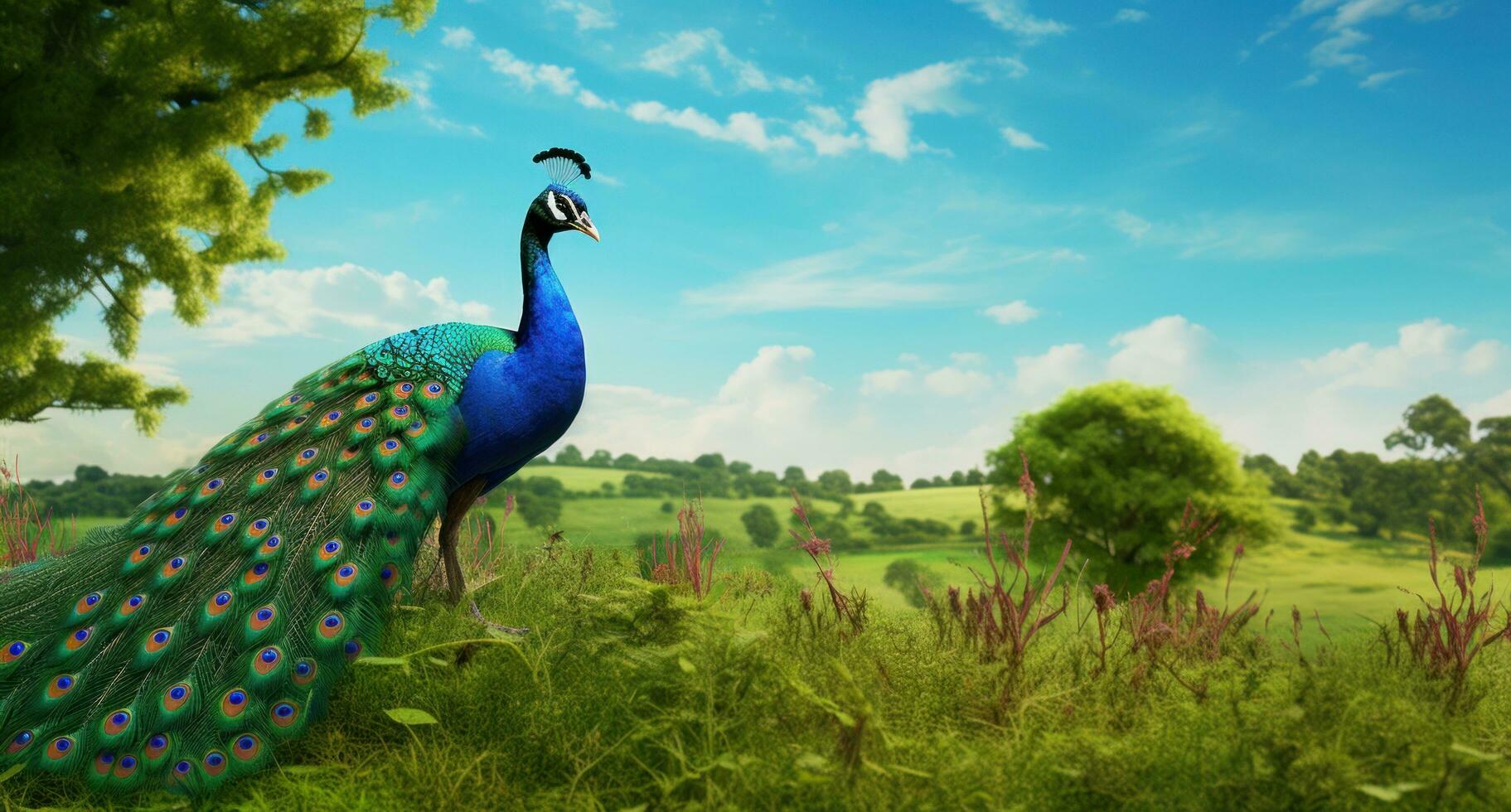 ai genererad de grön och blå påfågel är stående i en grön fält, foto