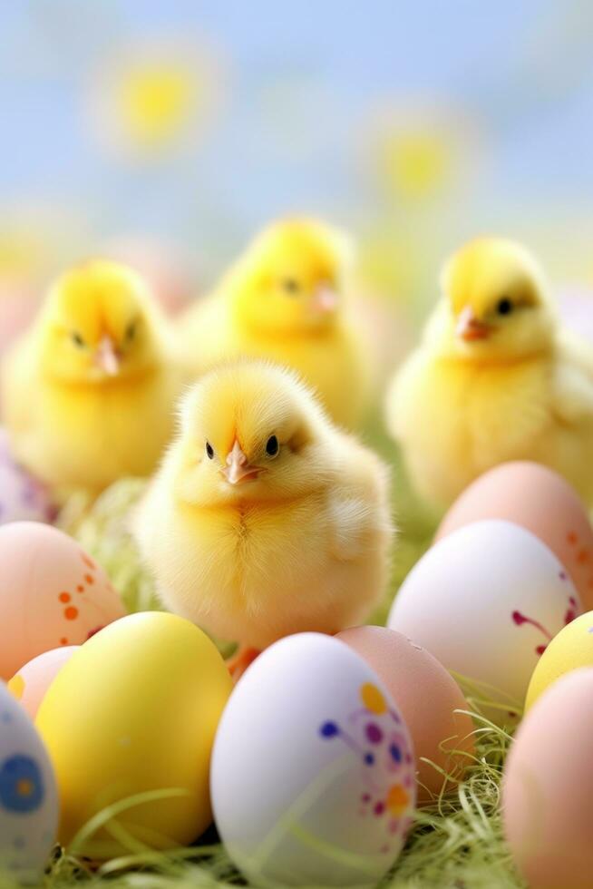 ai genererad en lekfull bakgrund med ljus gul påsk kycklingar och färgrik ägg, foto