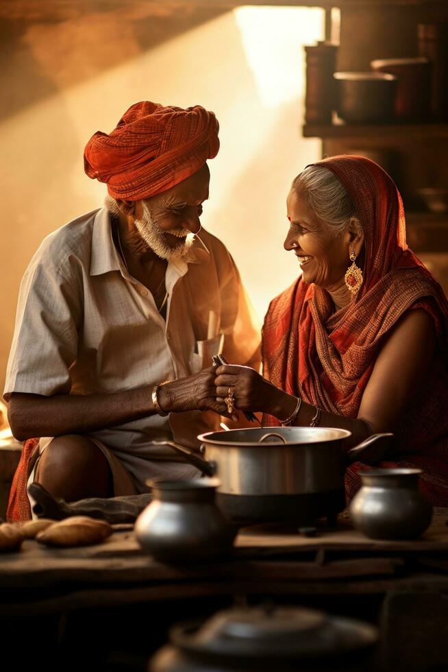 ai genererad en rörande stock Foto av ett gammal par matlagning frukost tillsammans i deras traditionell kök