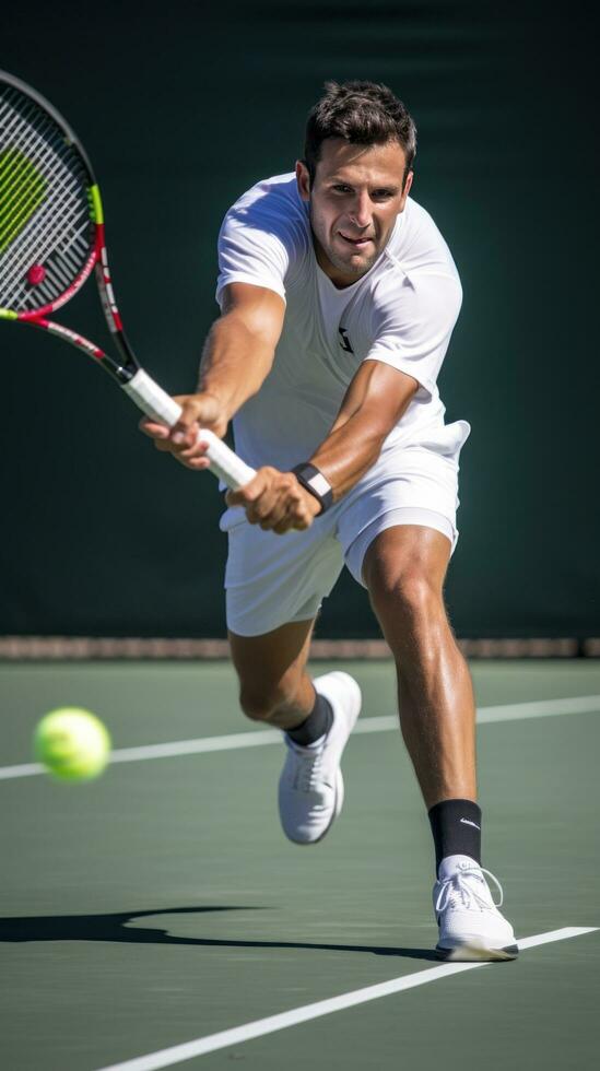 ai genererad en tennis spelare slå en förhand skott, med de boll i i luften och de motståndare synlig i de bakgrund foto