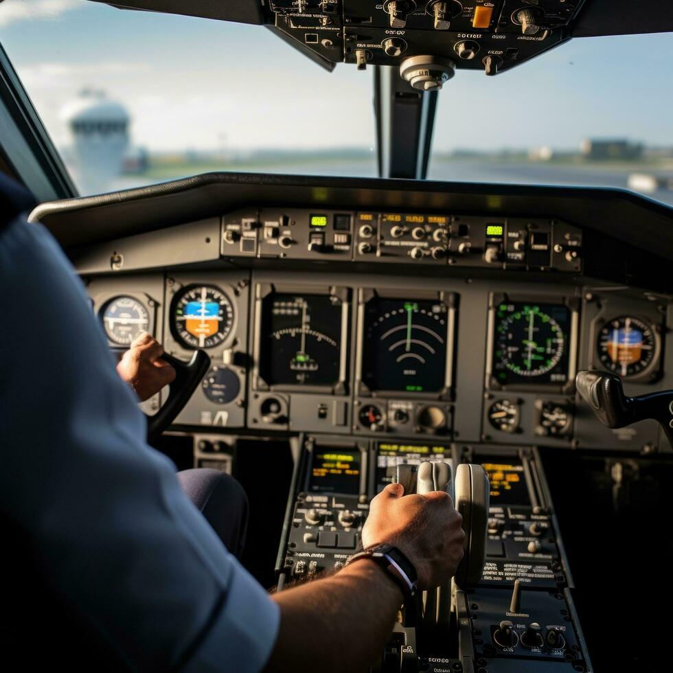 ai genererad pilot hand på de kontroller av ett flygplan, med de cockpit instrument synlig i de bakgrund foto