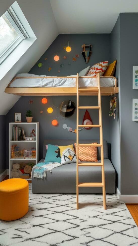 ai genererad en mysigt barns rum med en grå accent vägg, en trä- loft säng med en stege foto