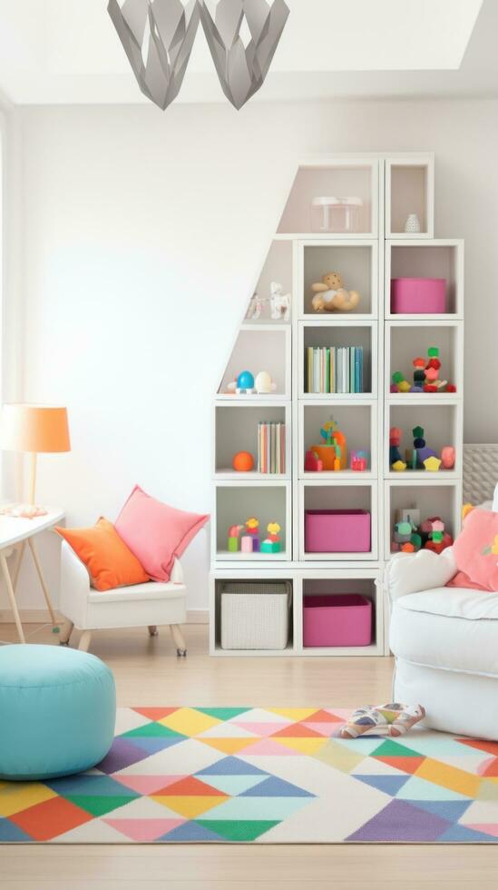 ai genererad barns rum med en färgrik matta, bokhylla med färgrik lagring papperskorgar, en stol och en golv lampa. foto
