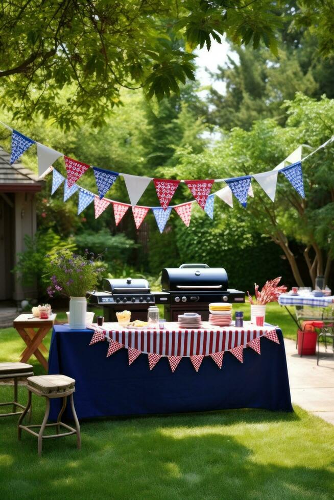 ai genererad en roligt och tillfällig Foto av en familj bbq med amerikan flaggor och flaggväv dekorera de bakgård