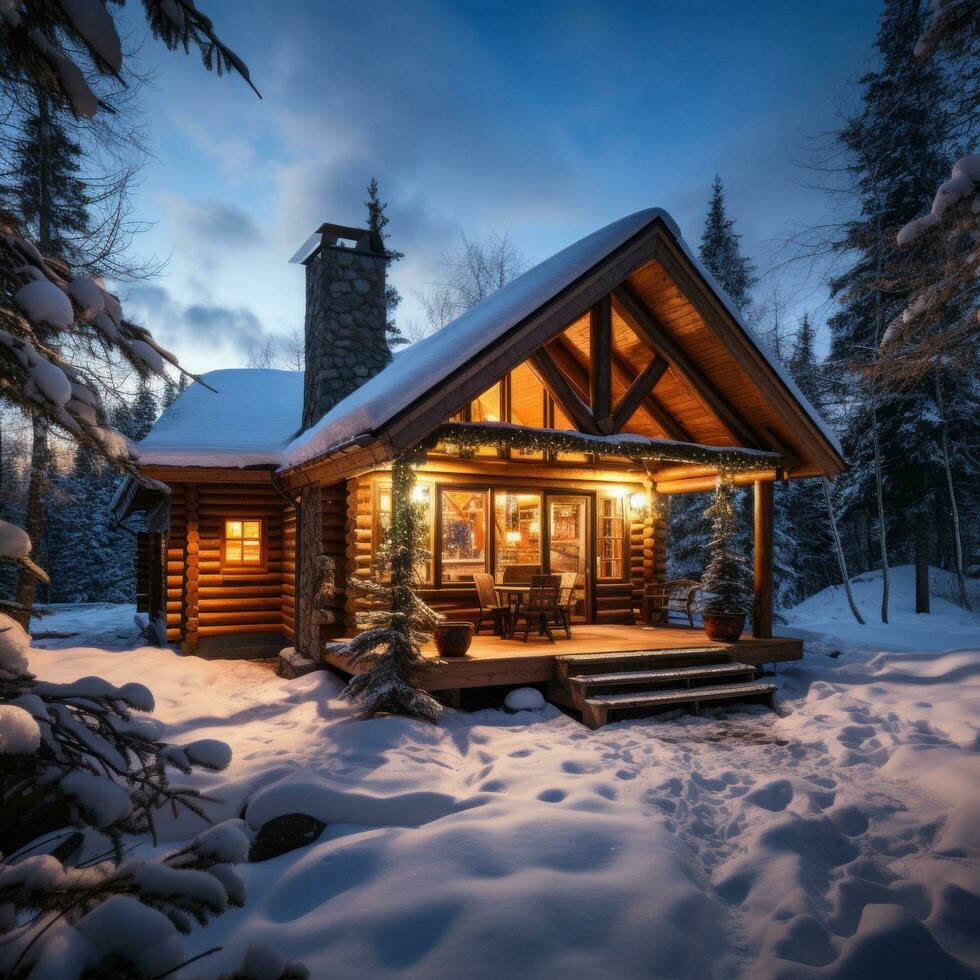 ai genererad en rustik stuga med en rökning skorsten sitter i en snöig landskap, foto