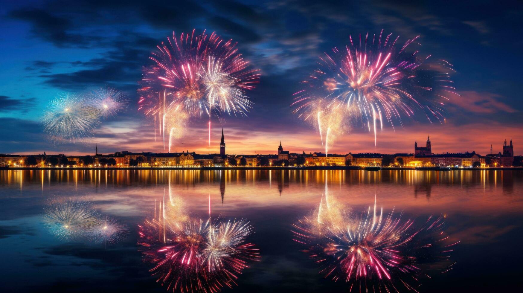 ai genererad se av fyrverkeri belysning upp de himmel ovan en flod, med de reflexion av de färger på de vatten foto