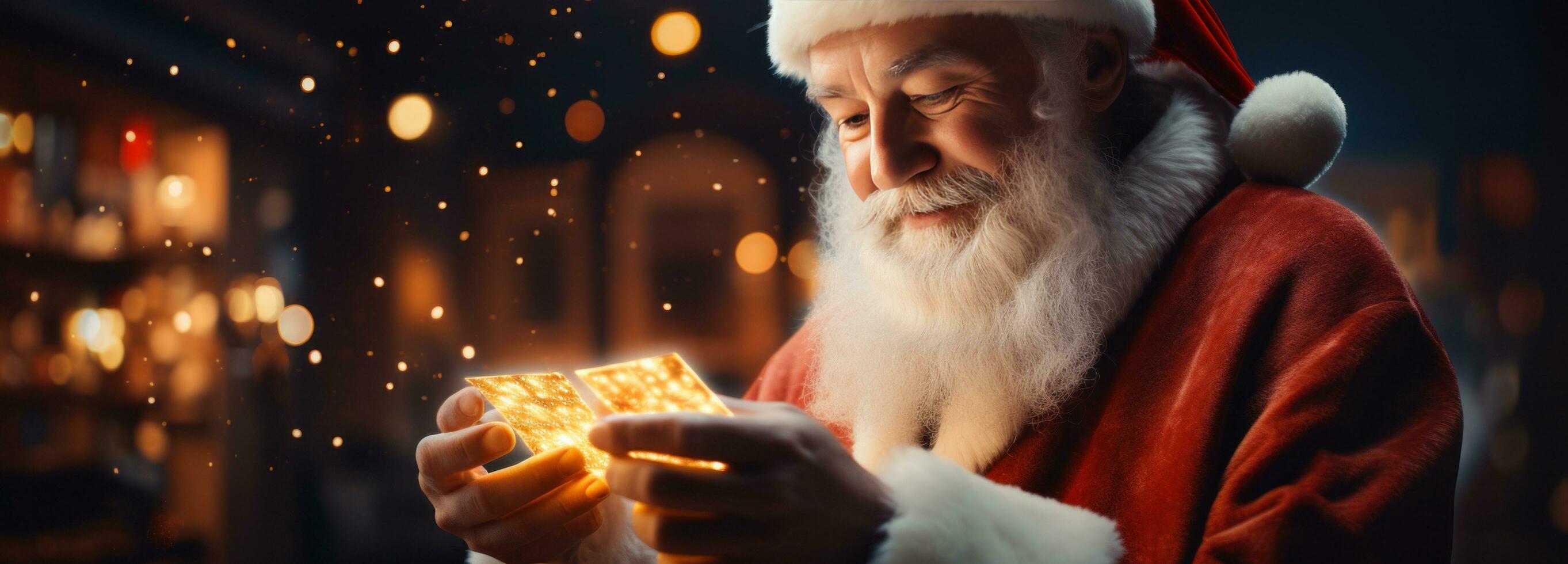 ai genererad santa innehav de gåva låda mot de blå bakgrund foto